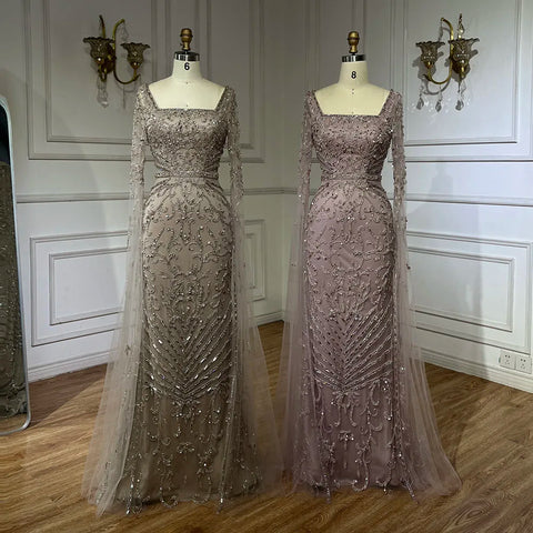 Robe de soirée longue style sirène couleur caramel, avec manches cape perlées, style arabe 2025 | Robe de soirée pour femme, LA72400A 