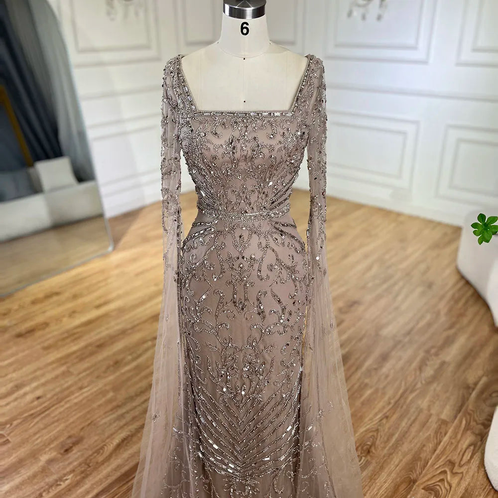 Vestido largo de noche estilo sirena color caramelo árabe 2025 con mangas tipo capa con cuentas | Vestido para bodas y fiestas de mujeres LA72400A 