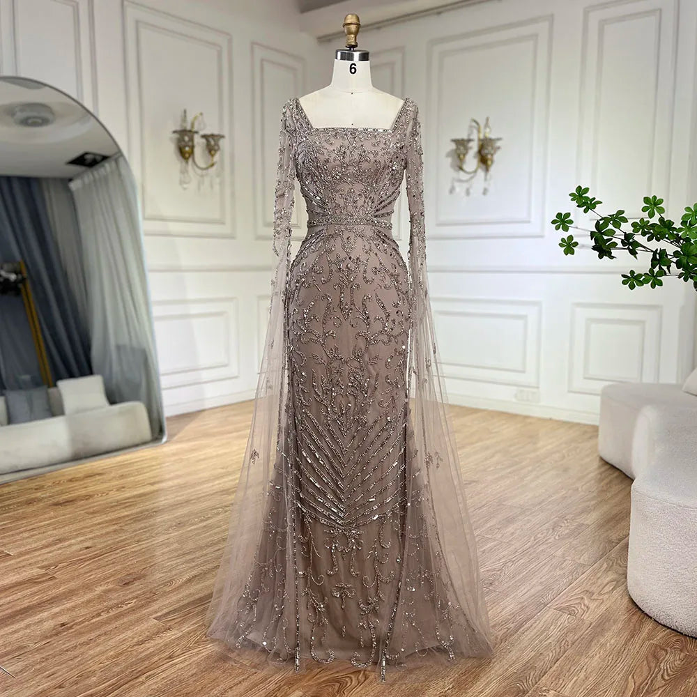 Vestido largo de noche estilo sirena color caramelo árabe 2025 con mangas tipo capa con cuentas | Vestido para bodas y fiestas de mujeres LA72400A 