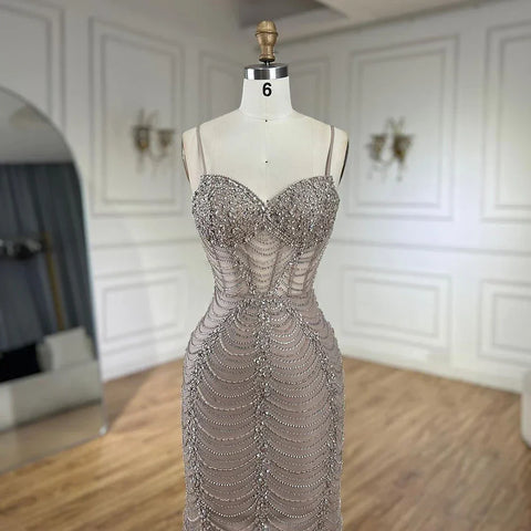 Robe de soirée sirène à lacets et bretelles spaghetti, couleur caramel arabe 2025, robe perlée pour femme, LA72645 