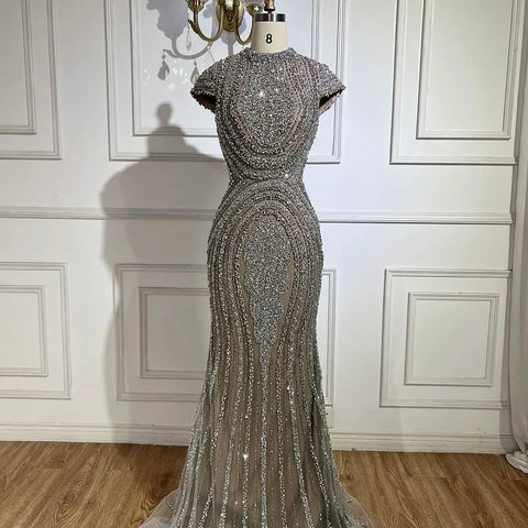 Luxury Designer Dubai Silver Nude Arabic Evening Dresses LA72344