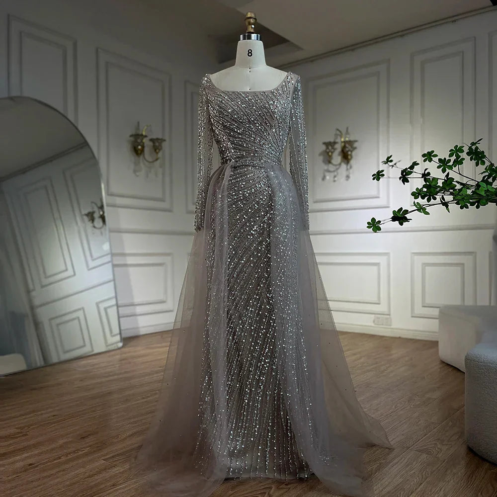 Vestido de noche de lujo estilo sirena, color gris plata, con falda desmontable y cuentas, estilo árabe de Dubái (modelo LA71618L). 
