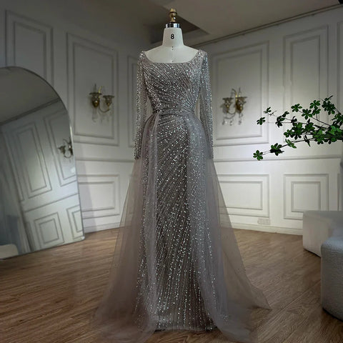 Robe de soirée de luxe style sirène, style arabe, Dubaï, gris argenté, détachable, avec perles, LA71618L