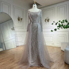 Vestido de noche de lujo estilo sirena, color gris plata, con falda desmontable y cuentas, estilo árabe de Dubái (modelo LA71618L). 