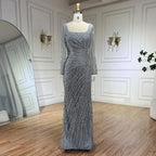 Vestido de noche de lujo estilo sirena, color gris plata, con falda desmontable y cuentas, estilo árabe de Dubái (modelo LA71618L). 