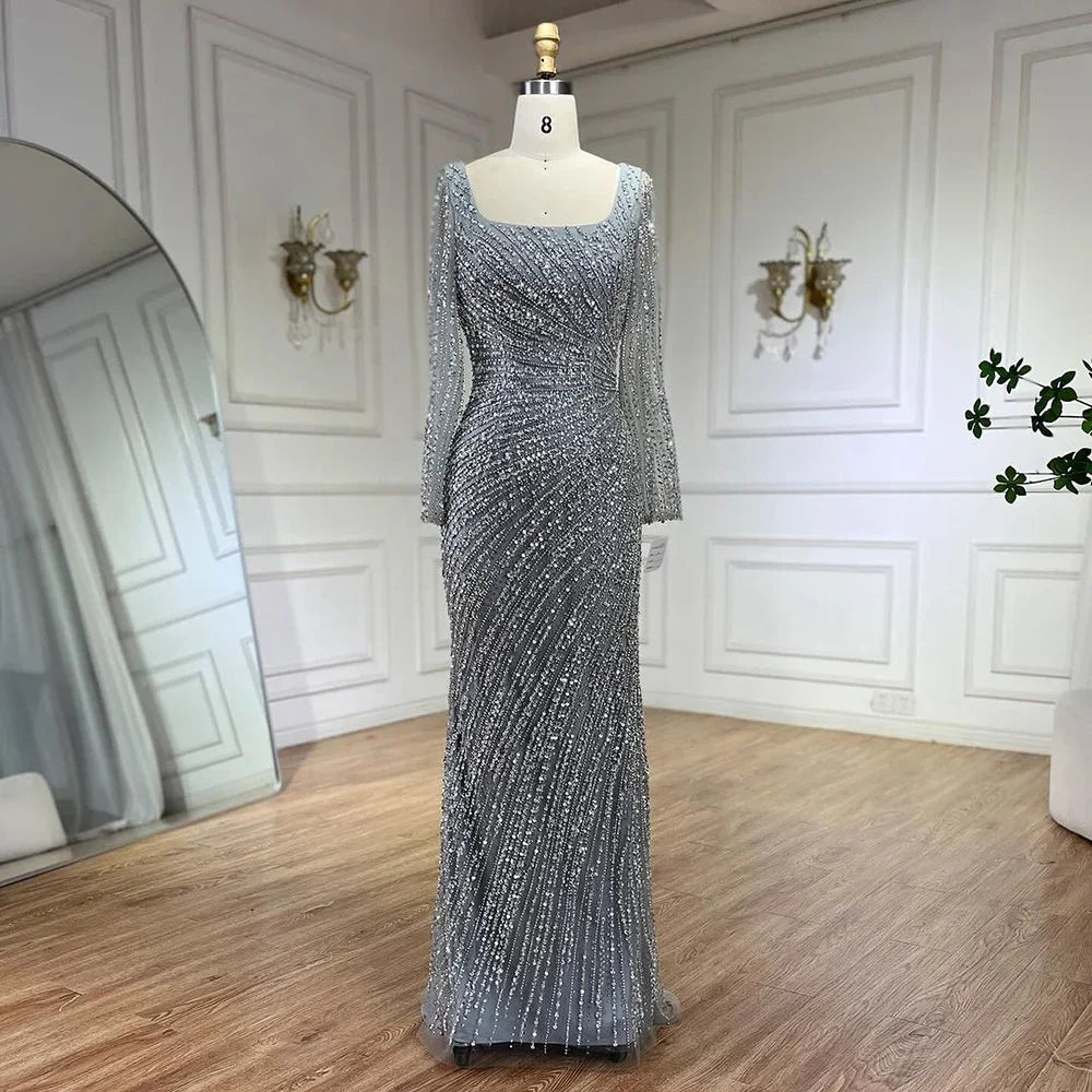 Vestido de noche de lujo estilo sirena, color gris plata, con falda desmontable y cuentas, estilo árabe de Dubái (modelo LA71618L). 