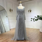 Vestido de noche de lujo estilo sirena, color gris plata, con falda desmontable y cuentas, estilo árabe de Dubái (modelo LA71618L). 