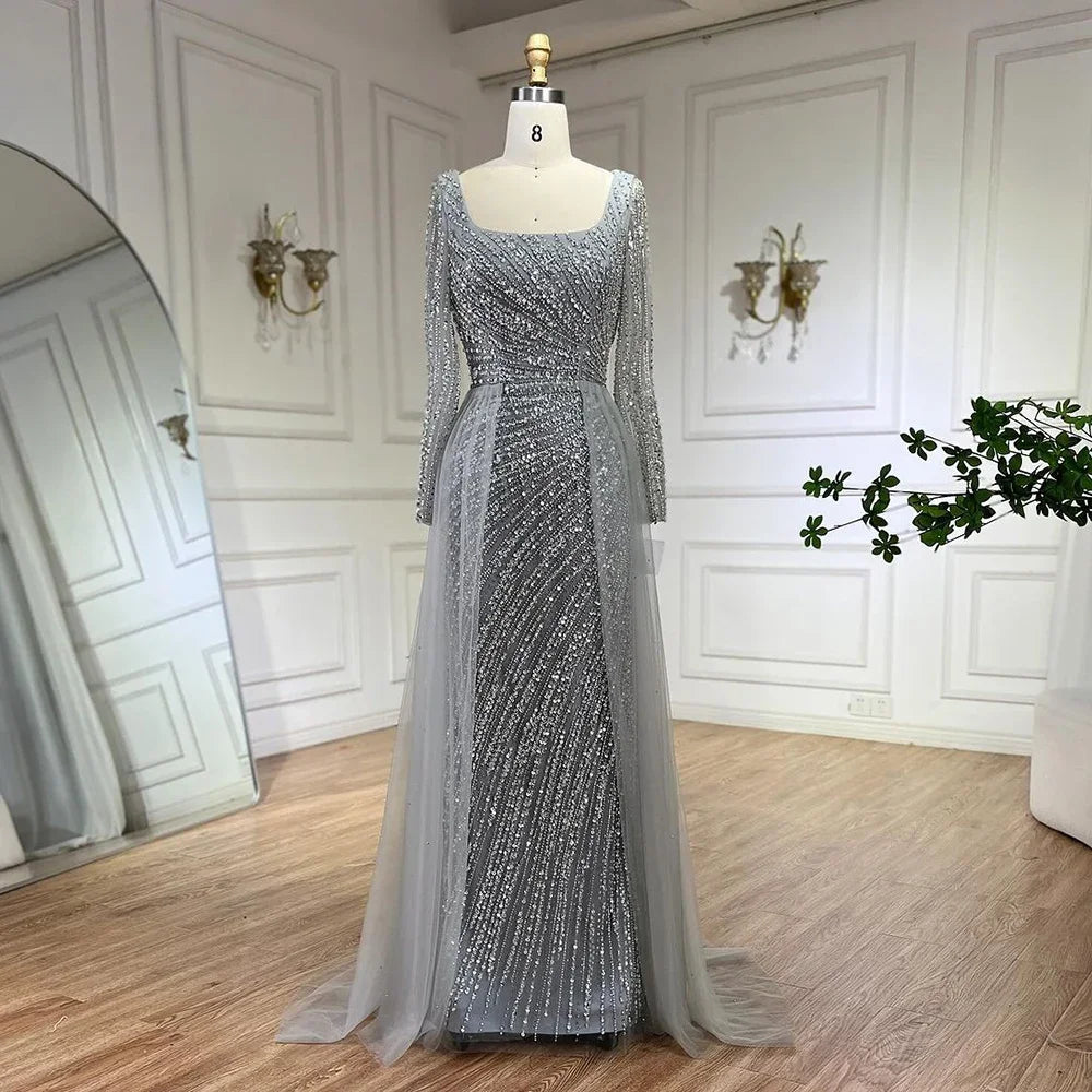 Vestido de noche de lujo estilo sirena, color gris plata, con falda desmontable y cuentas, estilo árabe de Dubái (modelo LA71618L). 