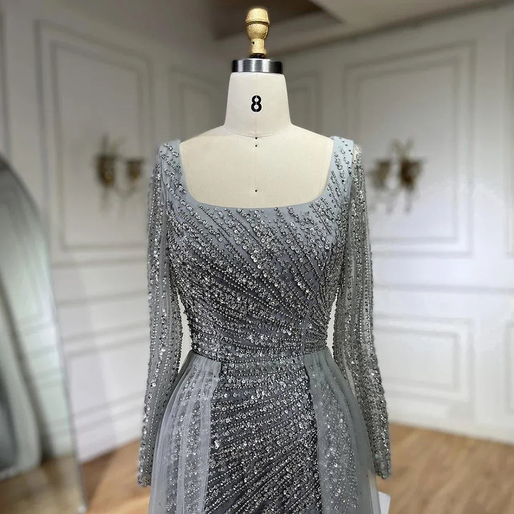 Vestido de noche de lujo estilo sirena, color gris plata, con falda desmontable y cuentas, estilo árabe de Dubái (modelo LA71618L). 