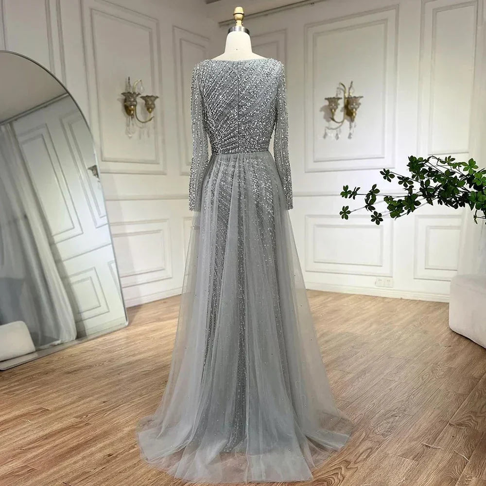 Vestido de noche de lujo estilo sirena, color gris plata, con falda desmontable y cuentas, estilo árabe de Dubái (modelo LA71618L). 