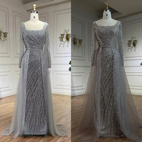Robe de soirée de luxe style sirène, style arabe, Dubaï, gris argenté, détachable, avec perles, LA71618L