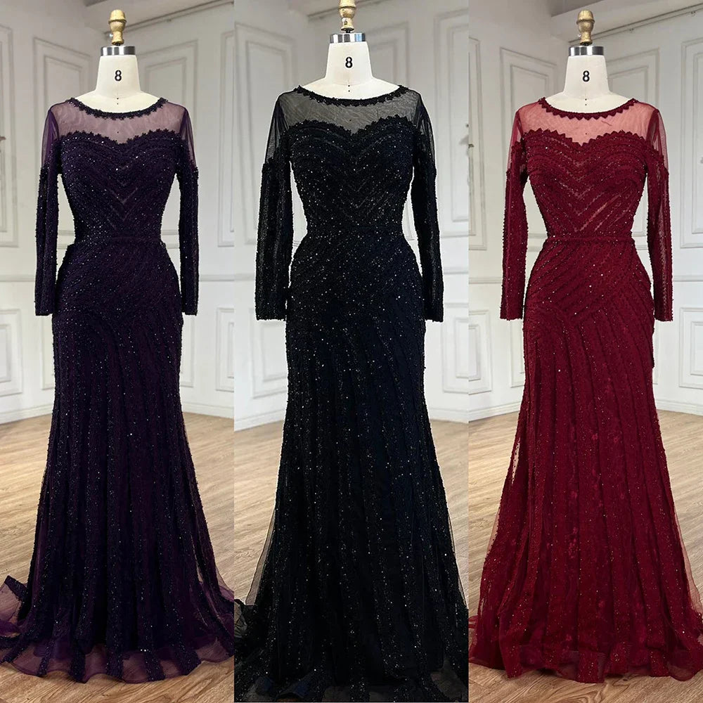 Vestido de noche de lujo estilo sirena negro, elegante y árabe, estilo Dubai, color púrpura, para mujer, modelo LA72656 (2025) 
