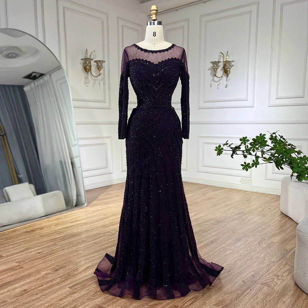 Vestido de noche de lujo estilo sirena negro, elegante y árabe, estilo Dubai, color púrpura, para mujer, modelo LA72656 (2025) 