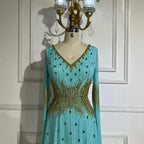 Vestido de noche de sirena con mangas tipo capa azul elegante árabe 2025, con cuentas, para bodas y fiestas de mujeres LA72609 