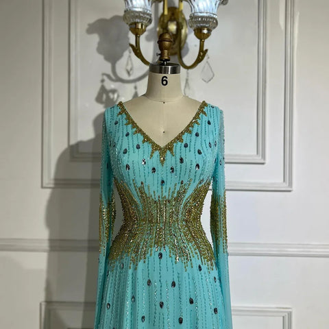 Robe de soirée sirène élégante à manches cape bleues et perles, style arabe, pour mariage, LA72609, 2025 