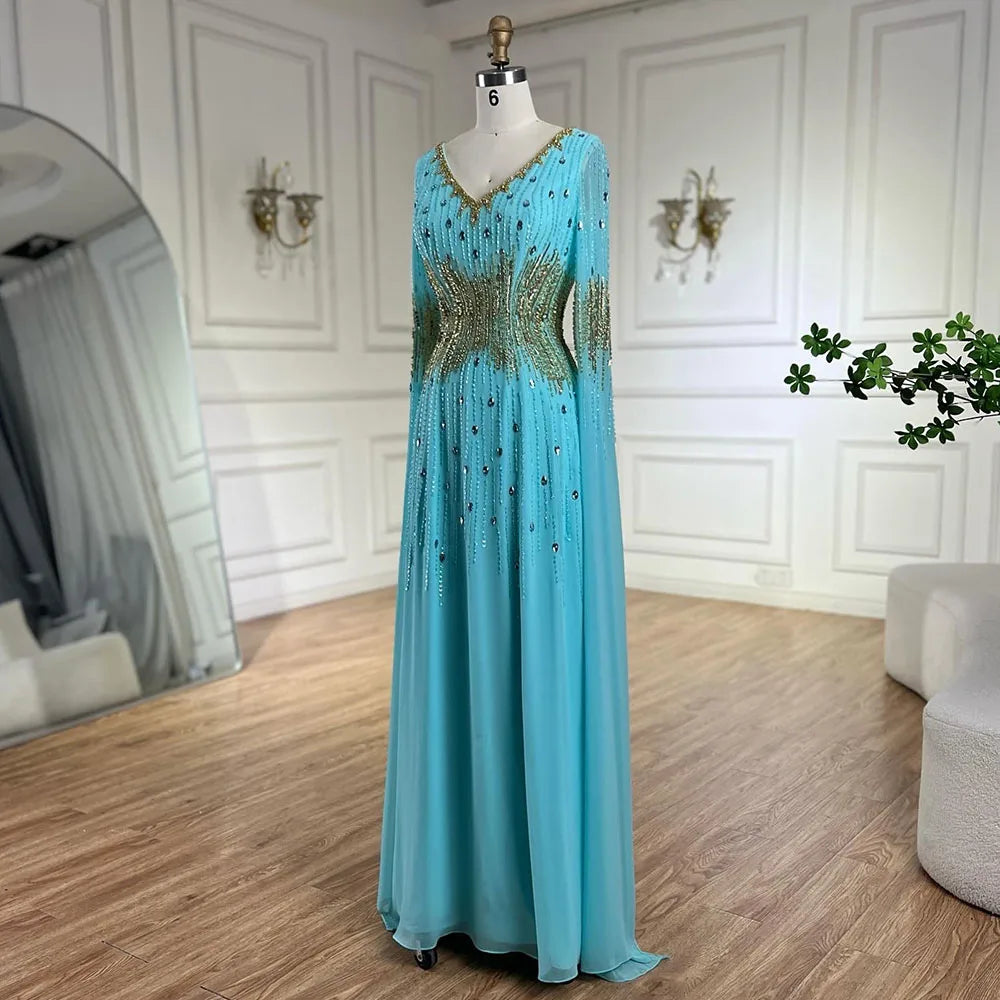 Vestido de noche de sirena con mangas tipo capa azul elegante árabe 2025, con cuentas, para bodas y fiestas de mujeres LA72609 