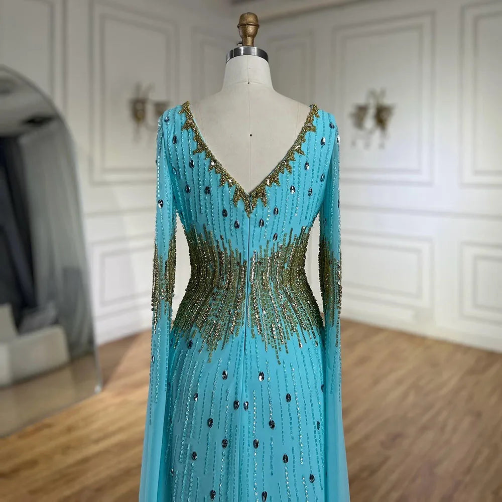 Vestido de noche de sirena con mangas tipo capa azul elegante árabe 2025, con cuentas, para bodas y fiestas de mujeres LA72609 