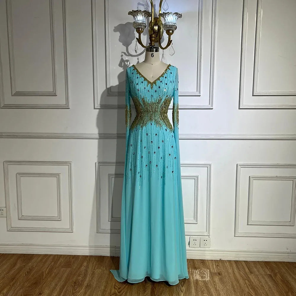 Vestido de noche de sirena con mangas tipo capa azul elegante árabe 2025, con cuentas, para bodas y fiestas de mujeres LA72609 