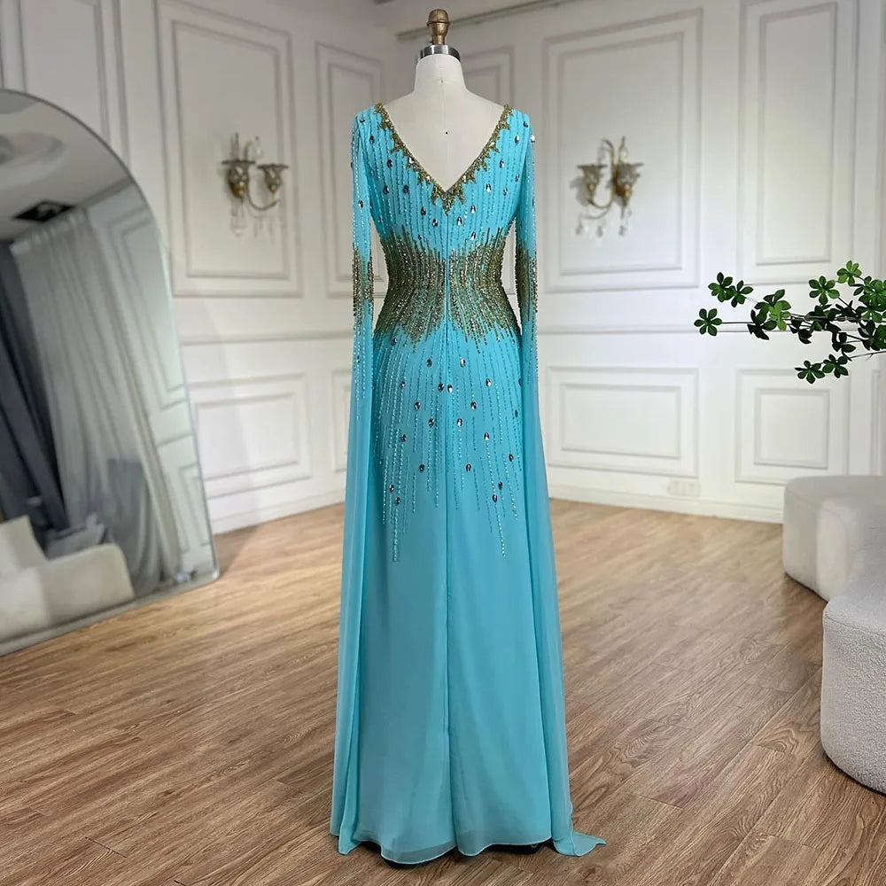 Vestido de noche de sirena con mangas tipo capa azul elegante árabe 2025, con cuentas, para bodas y fiestas de mujeres LA72609 