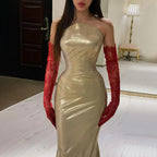 Vestido de noche de lujo estilo sirena, dorado, elegante y sin tirantes, de Dubái, para mujer, modelo LA72670 (2025) 