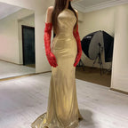 Vestido de noche de lujo estilo sirena, dorado, elegante y sin tirantes, de Dubái, para mujer, modelo LA72670 (2025) 