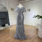 Vestido de noche de lujo estilo sirena gris, elegante y árabe, de Dubái, con plumas y cuentas, para fiestas de mujer LA71323A 