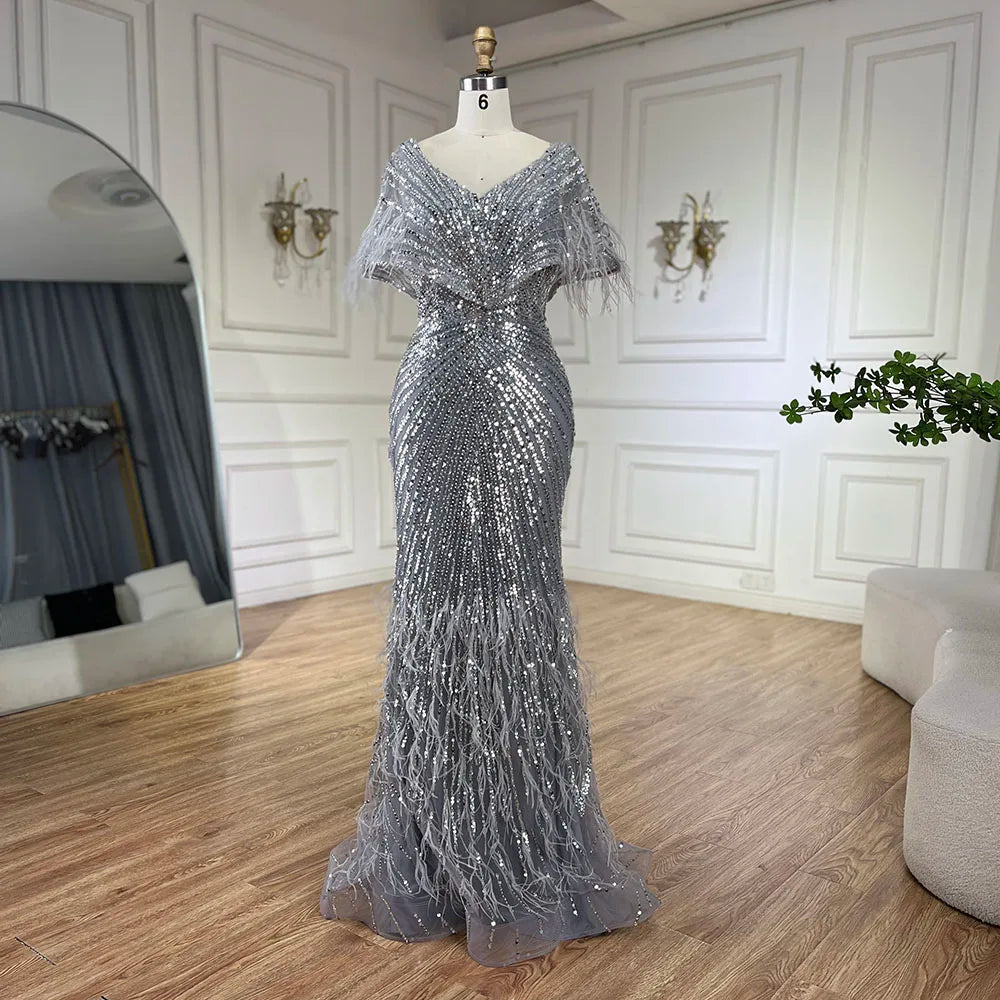 Vestido de noche de lujo estilo sirena gris, elegante y árabe, de Dubái, con plumas y cuentas, para fiestas de mujer LA71323A 