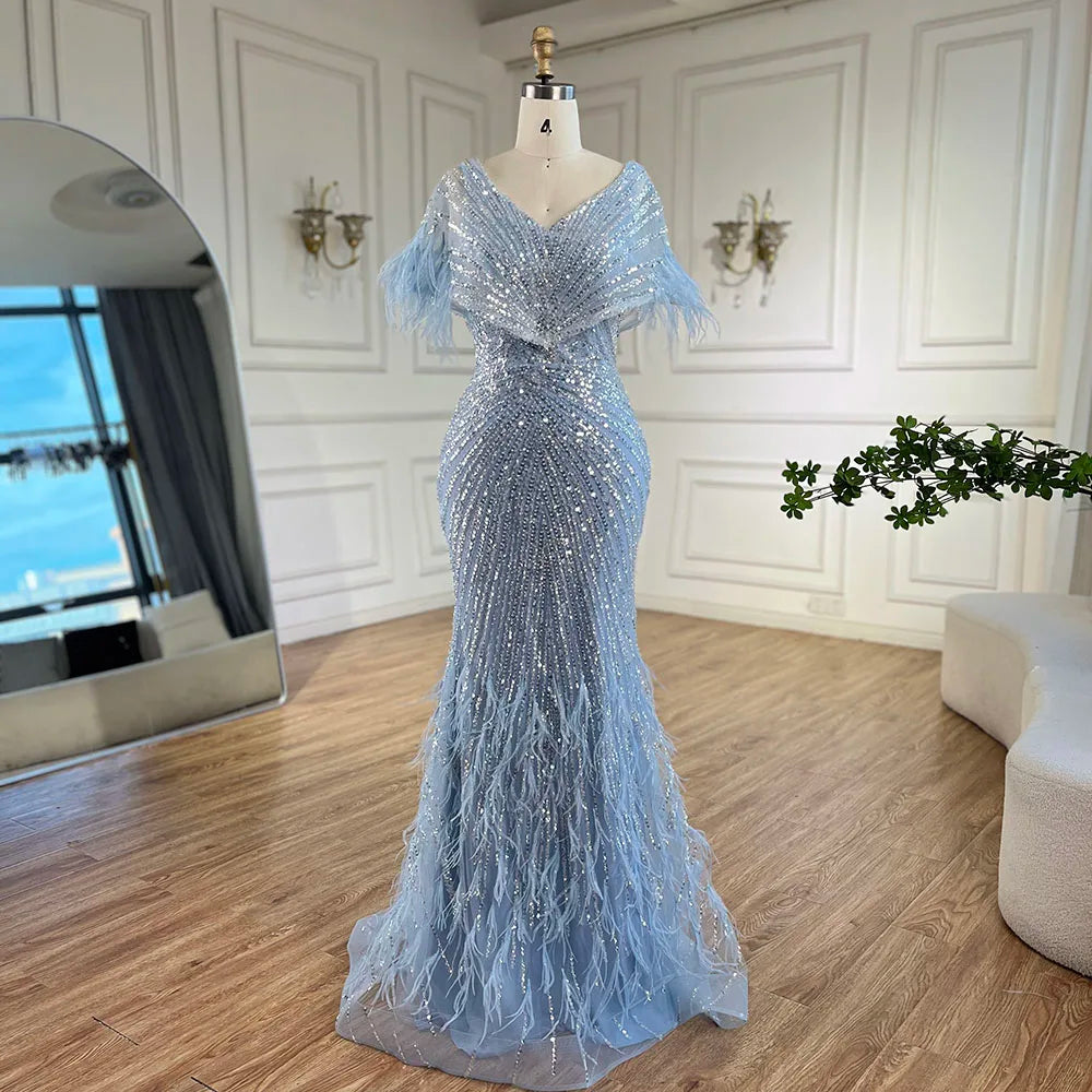 Vestido de noche de lujo estilo sirena gris, elegante y árabe, de Dubái, con plumas y cuentas, para fiestas de mujer LA71323A 