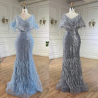 Vestido de noche de lujo estilo sirena gris, elegante y árabe, de Dubái, con plumas y cuentas, para fiestas de mujer LA71323A 