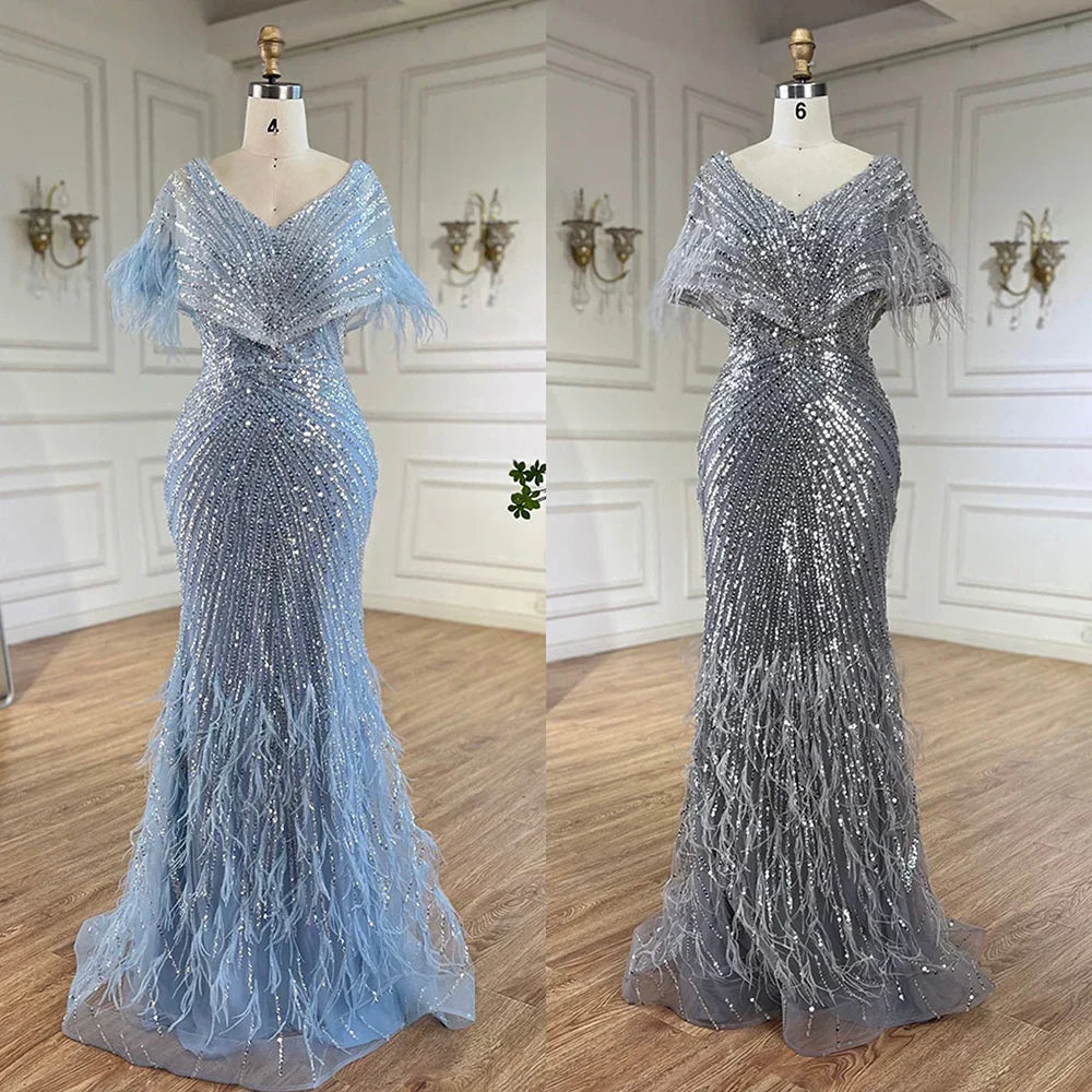 Vestido de noche de lujo estilo sirena gris, elegante y árabe, de Dubái, con plumas y cuentas, para fiestas de mujer LA71323A 