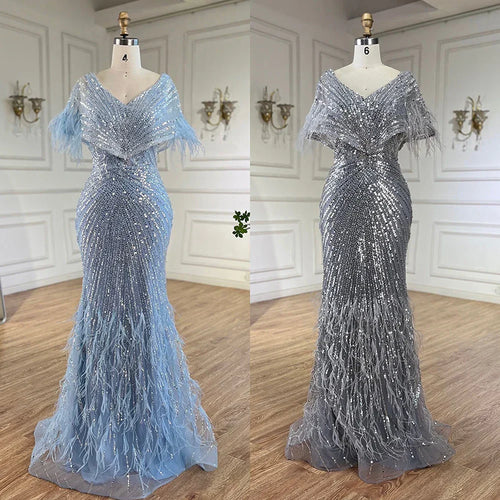 Vestido de noche de lujo estilo sirena gris, elegante y árabe, de Dubái, con plumas y cuentas, para fiestas de mujer LA71323A 
