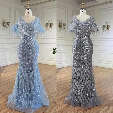 Robe de soirée élégante style sirène grise, style arabe, luxueuse, avec plumes et perles, pour femme, modèle 2025, LA71323A 