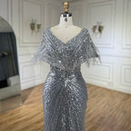 Vestido de noche de lujo estilo sirena gris, elegante y árabe, de Dubái, con plumas y cuentas, para fiestas de mujer LA71323A 