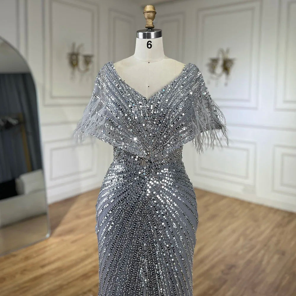 Vestido de noche de lujo estilo sirena gris, elegante y árabe, de Dubái, con plumas y cuentas, para fiestas de mujer LA71323A 