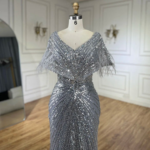 Robe de soirée élégante style sirène grise, style arabe, luxueuse, avec plumes et perles, pour femme, modèle 2025, LA71323A 