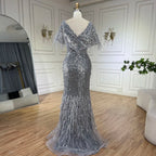 Vestido de noche de lujo estilo sirena gris, elegante y árabe, de Dubái, con plumas y cuentas, para fiestas de mujer LA71323A 