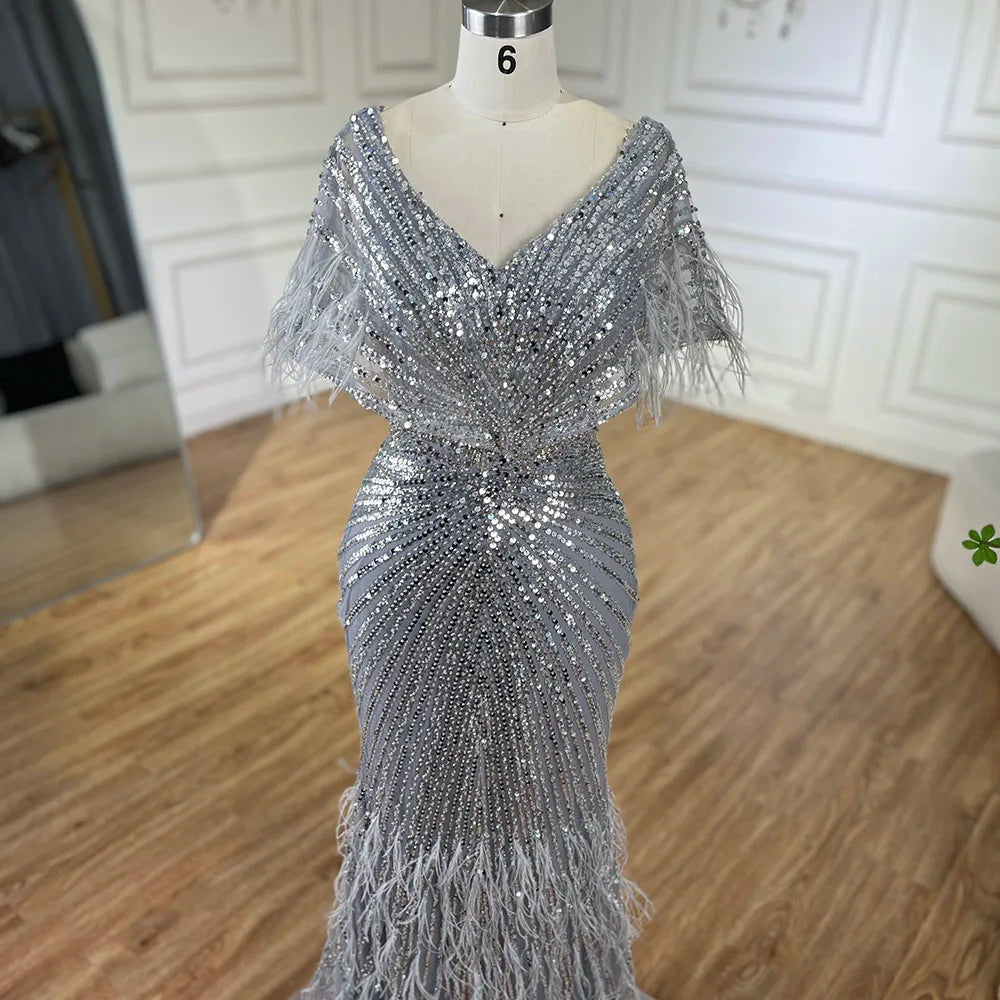 Vestido de noche de lujo estilo sirena gris, elegante y árabe, de Dubái, con plumas y cuentas, para fiestas de mujer LA71323A 