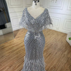 Vestido de noche de lujo estilo sirena gris, elegante y árabe, de Dubái, con plumas y cuentas, para fiestas de mujer LA71323A 