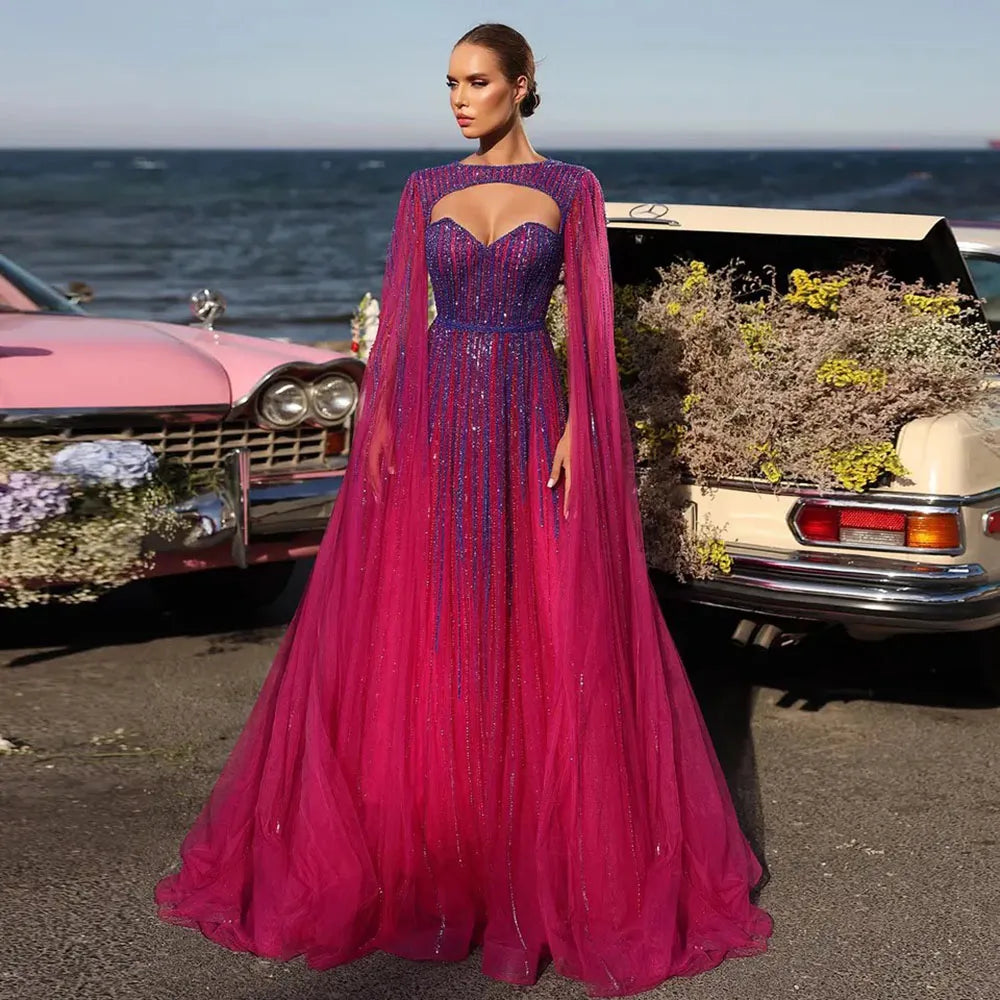 Vestido de noche largo estilo árabe fucsia con mangas capa, corte en A y cuentas, estilo celebridades, ideal para bodas y fiestas (LA72433) 