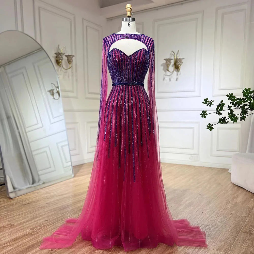 Vestido de noche largo estilo árabe fucsia con mangas capa, corte en A y cuentas, estilo celebridades, ideal para bodas y fiestas (LA72433) 