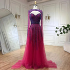 Vestido de noche largo estilo árabe fucsia con mangas capa, corte en A y cuentas, estilo celebridades, ideal para bodas y fiestas (LA72433) 