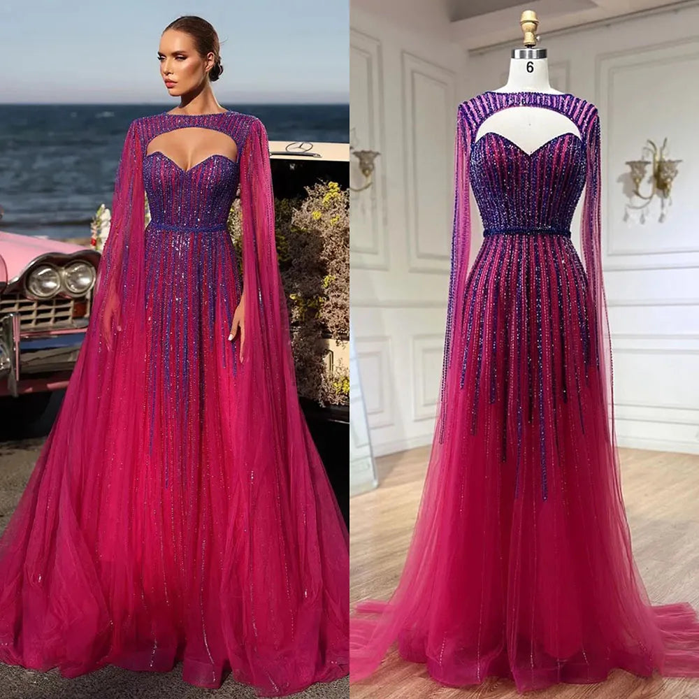 Vestido de noche largo estilo árabe fucsia con mangas capa, corte en A y cuentas, estilo celebridades, ideal para bodas y fiestas (LA72433) 
