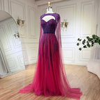 Vestido de noche largo estilo árabe fucsia con mangas capa, corte en A y cuentas, estilo celebridades, ideal para bodas y fiestas (LA72433) 
