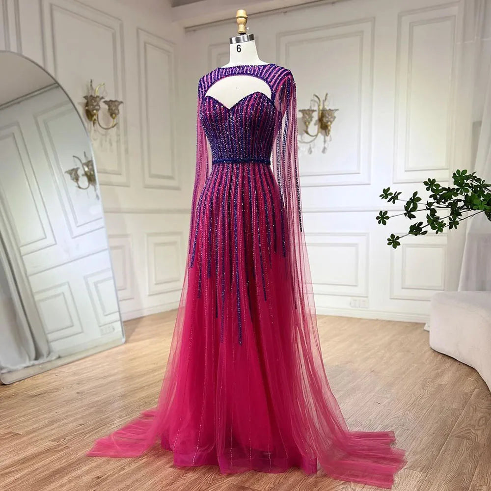 Vestido de noche largo estilo árabe fucsia con mangas capa, corte en A y cuentas, estilo celebridades, ideal para bodas y fiestas (LA72433) 