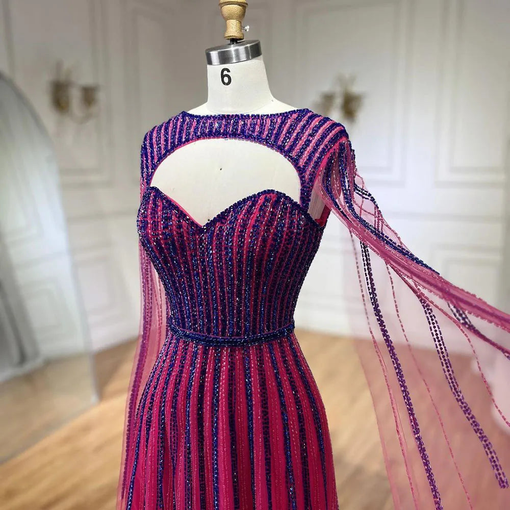 Vestido de noche largo estilo árabe fucsia con mangas capa, corte en A y cuentas, estilo celebridades, ideal para bodas y fiestas (LA72433) 