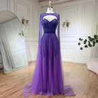 Vestido de noche largo estilo árabe fucsia con mangas capa, corte en A y cuentas, estilo celebridades, ideal para bodas y fiestas (LA72433) 