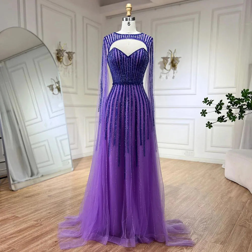 Vestido de noche largo estilo árabe fucsia con mangas capa, corte en A y cuentas, estilo celebridades, ideal para bodas y fiestas (LA72433) 