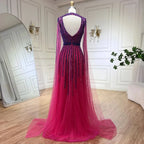 Vestido de noche largo estilo árabe fucsia con mangas capa, corte en A y cuentas, estilo celebridades, ideal para bodas y fiestas (LA72433) 