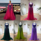 Vestido de noche largo estilo árabe fucsia con mangas capa, corte en A y cuentas, estilo celebridades, ideal para bodas y fiestas (LA72433) 