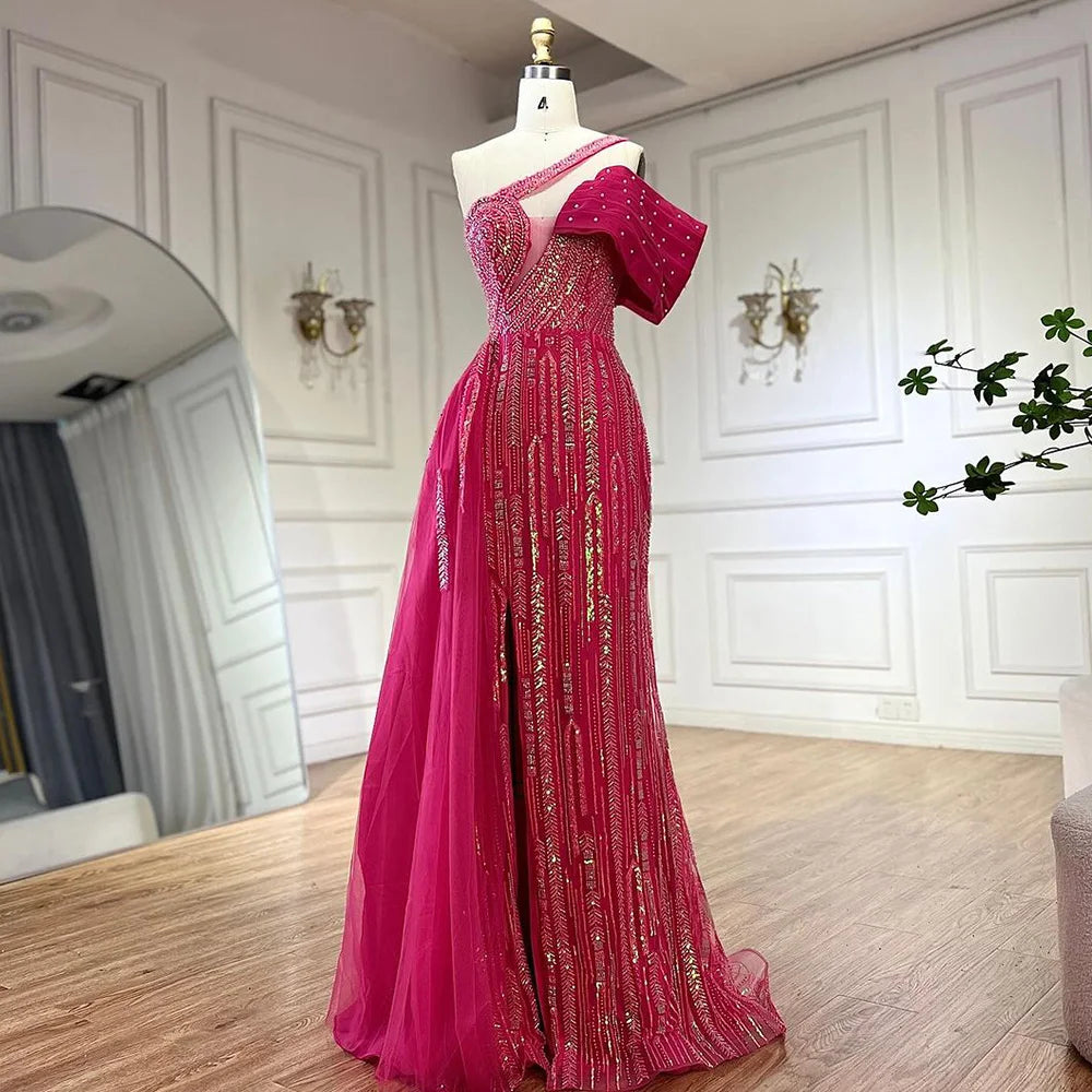 Vestido de noche de lujo de Dubái, estilo árabe fucsia, con un solo hombro, bordado azul y cuentas, con falda lateral, para fiestas de mujer LA72664 
